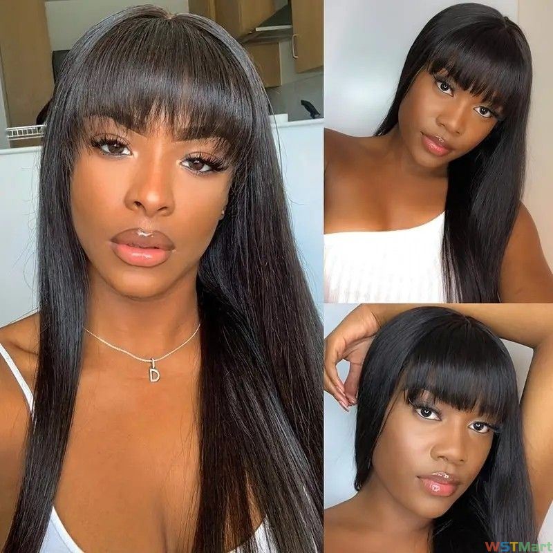 Full Machine Made Straight Human Wigs With Bangs For Women Unprocessed Brazilian Virgin Human Hair Wigs