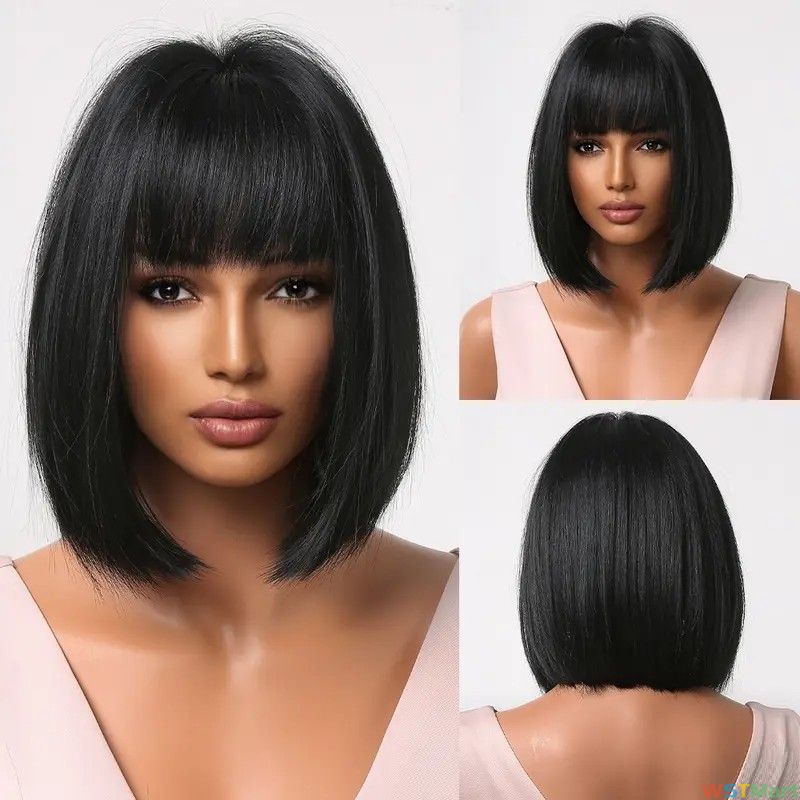 Synthetic Short Straight Wigs For Women Black Pink Yellow And Green Bobo Wigs With Bangs Heat Resistant 8 Inch