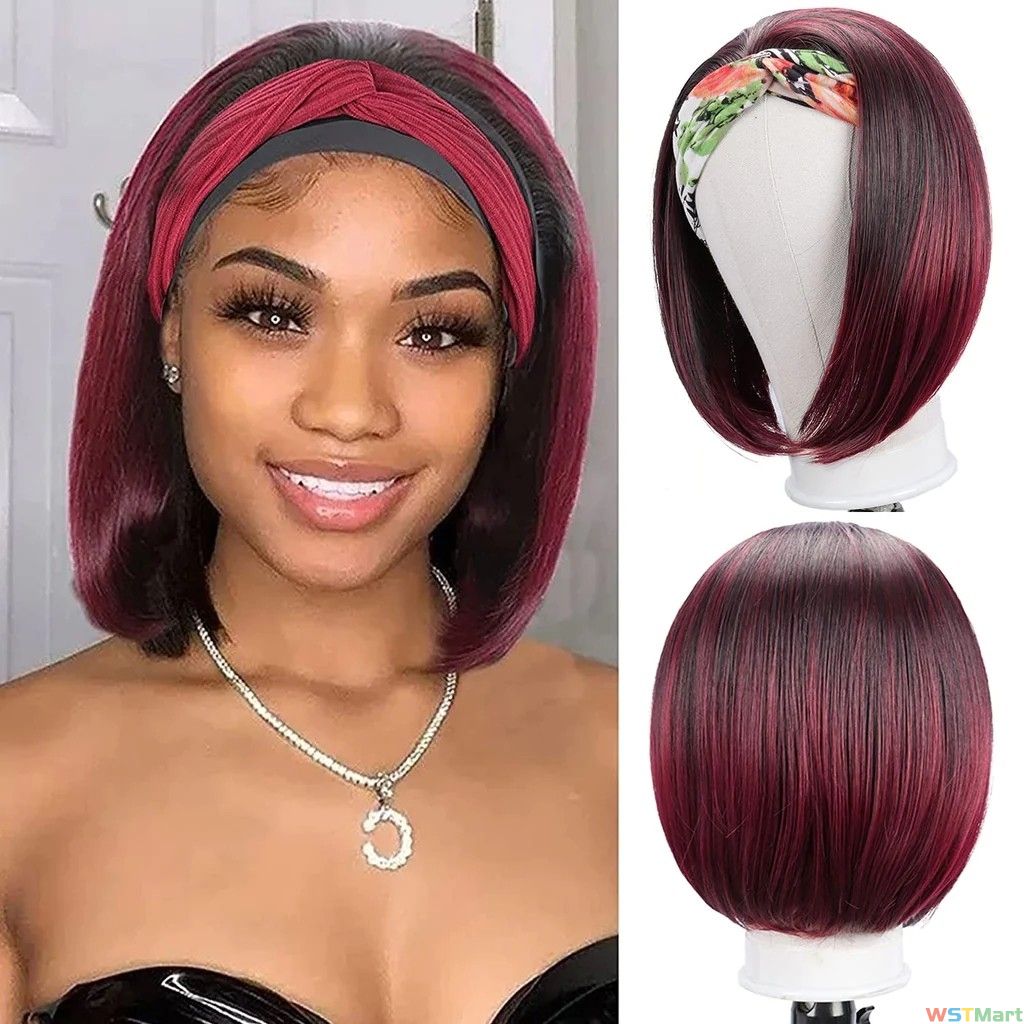 Voocall Headband Wig Straight Hair Short Bob Head band Wigs (10",T1B/BUG)