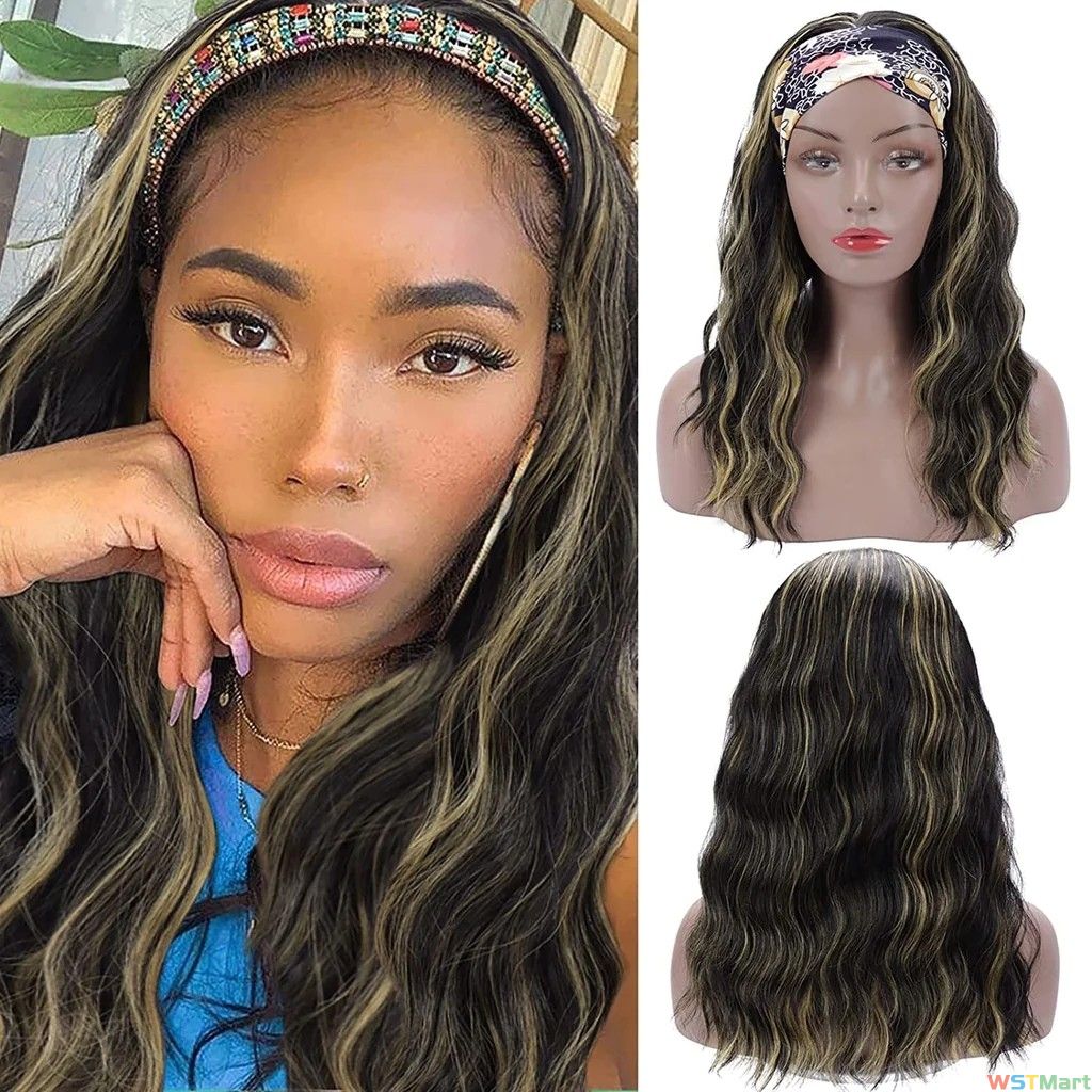 Voocall (16inch, 1B/H27#) Glueless Headband Wig Synthetic Long Black Body Wave Headband Wigs