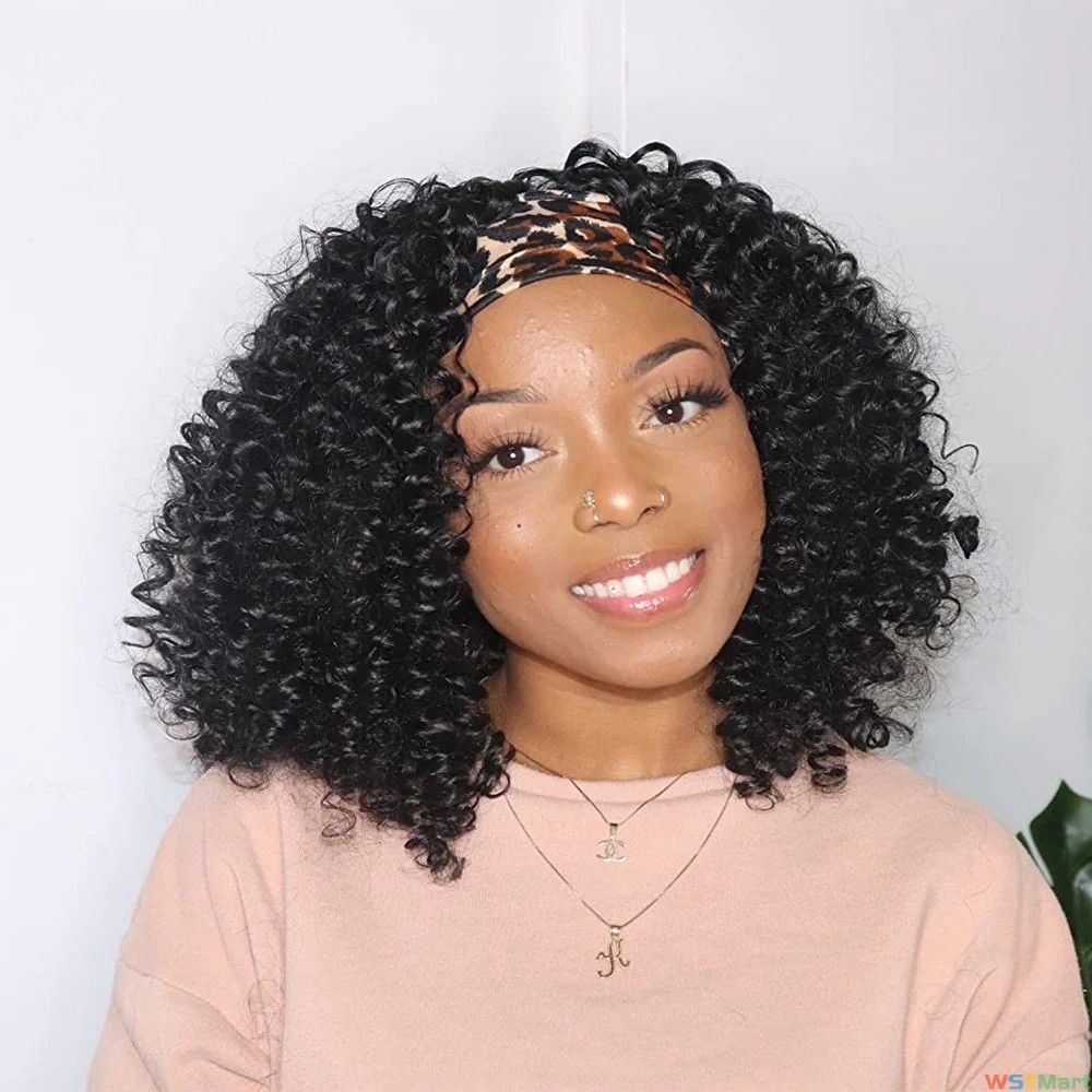 Voocall Bob Curly Headband Wig 14 Inch Kinky Curly Headband Wigs for Black Women 1B