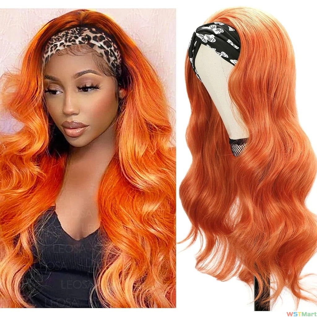 Voocall 26" Light Orange Glueless Headband Wig Synthetic Body Wave Head Band Wigs Wavy Wig Heat Resistant 180% Density