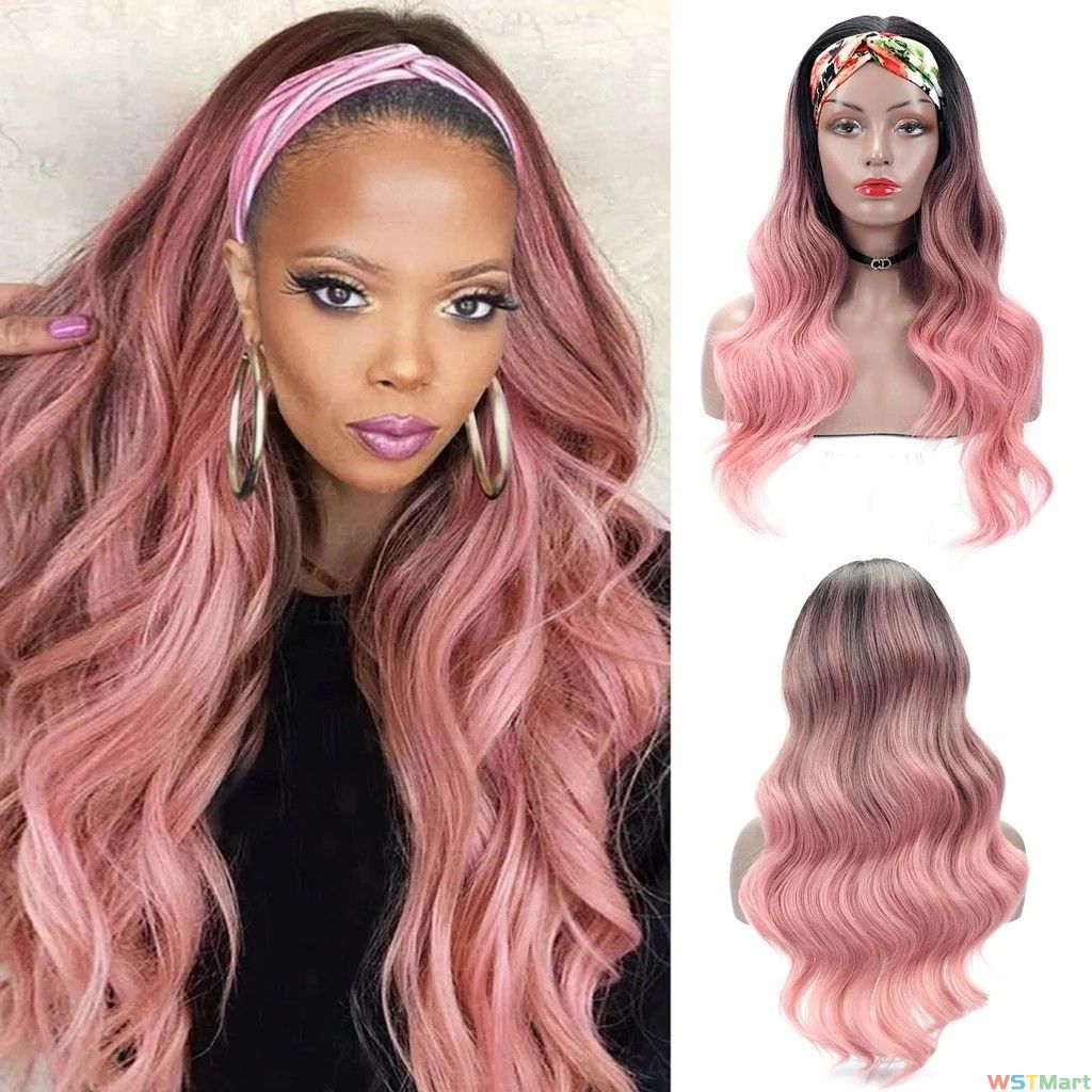 Voocall Glueless Headband Wig Synthetic Pink Body Wave Head band Wigs