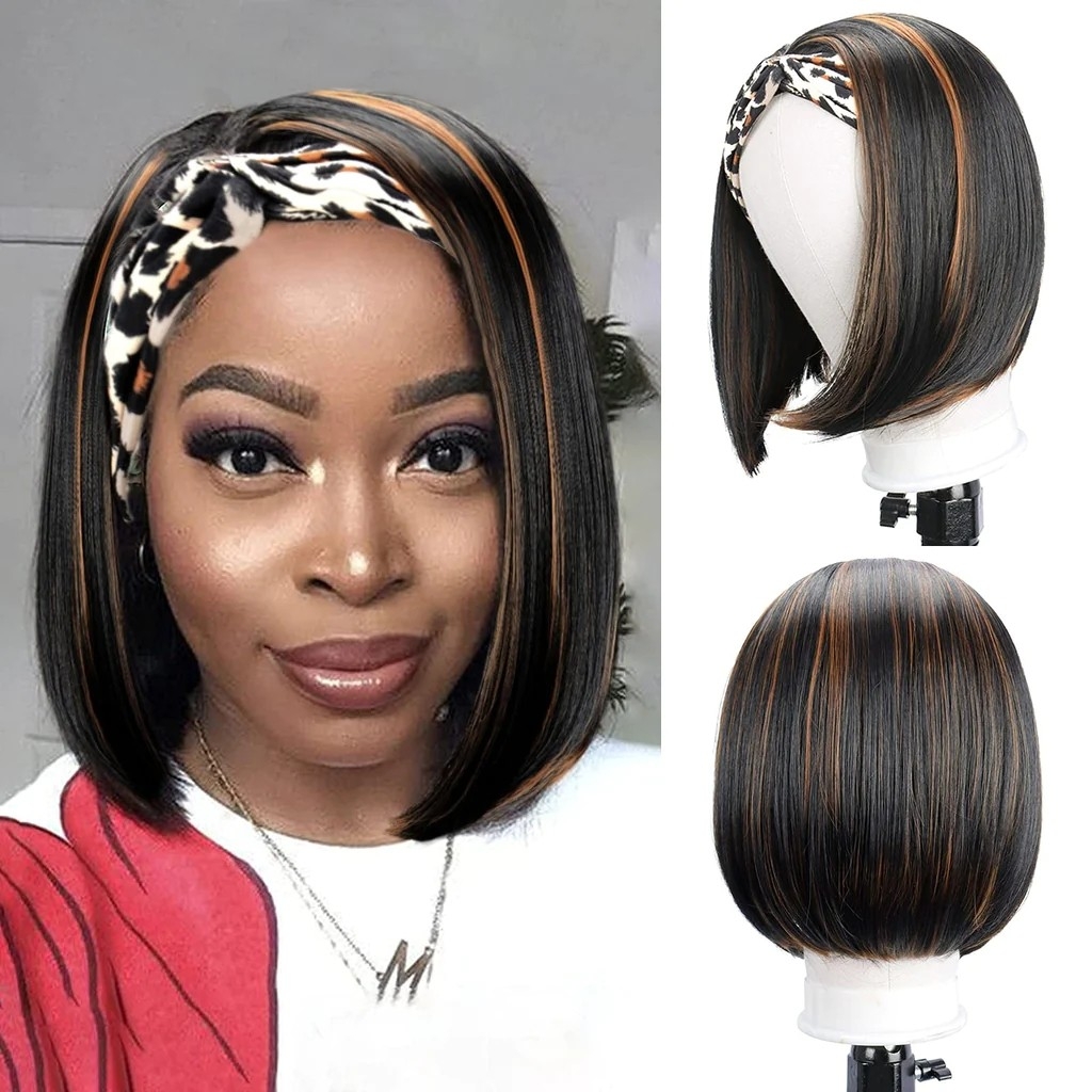 Xiaokeai (10",P2/30) Short Straight Hair Wig Highlighted Bob Glueless Wigs with Headband Attached No Lace Synthetic Head Band Wig