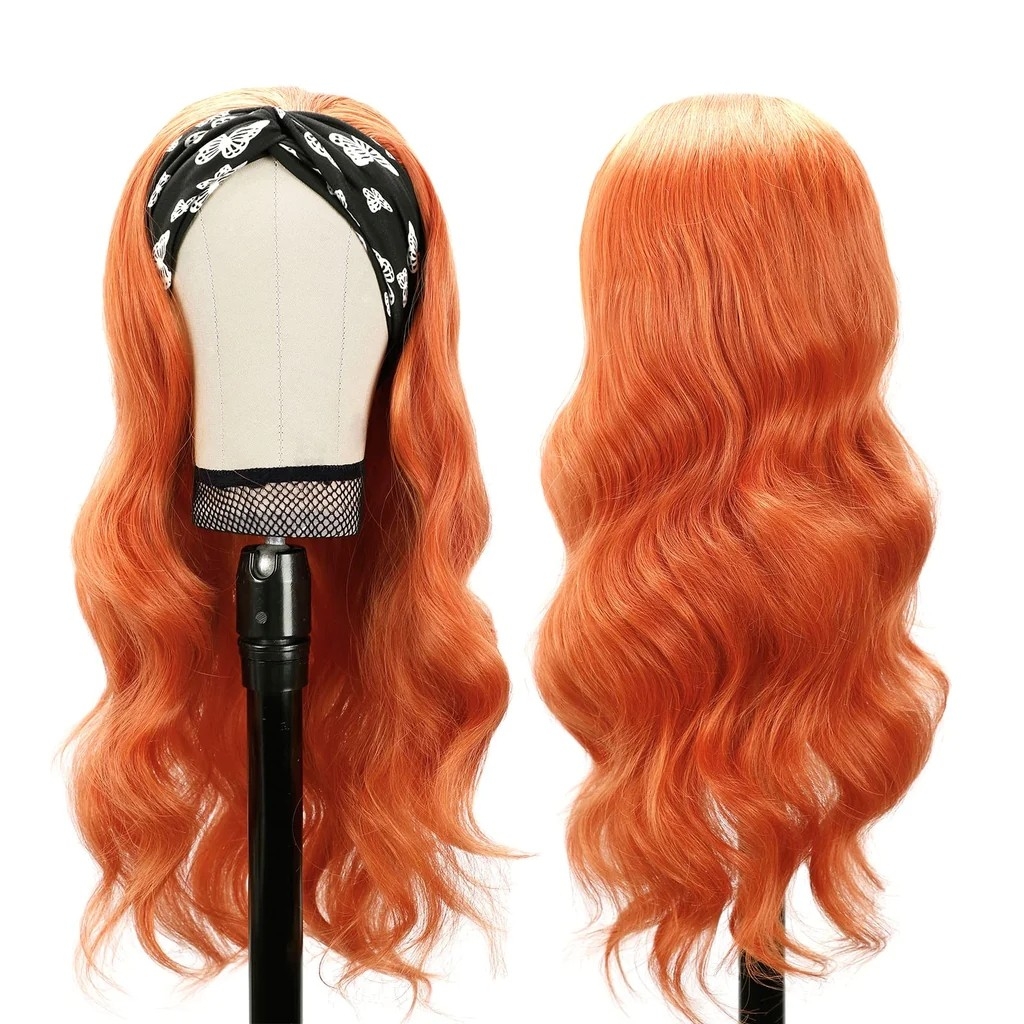 Xiaokeai 26" Light Orange Glueless Headband Wig Synthetic Body Wave Head Band Wigs Wavy Wig Heat Resistant 180% Density