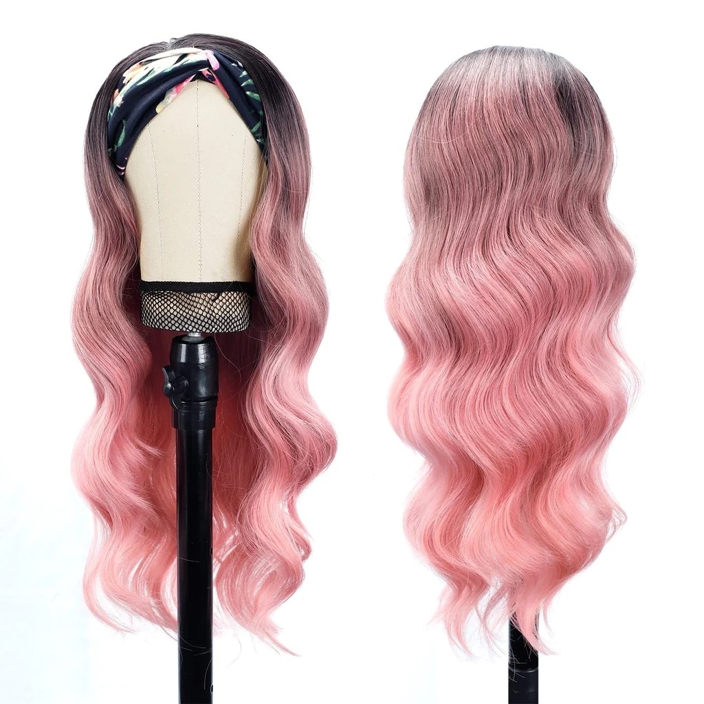 Xiaokeai Glueless Headband Wig Synthetic Pink Body Wave Head band Wigs