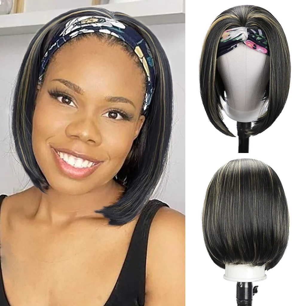 Voocall (10",1B/H27) Headband Wig Straight Hair Short Highlight Bob Headband Wigs for Black Women Glueless Wigs with Headband Attached No Lace Synthetic Headband Wig for Daily Cosplay Party Use