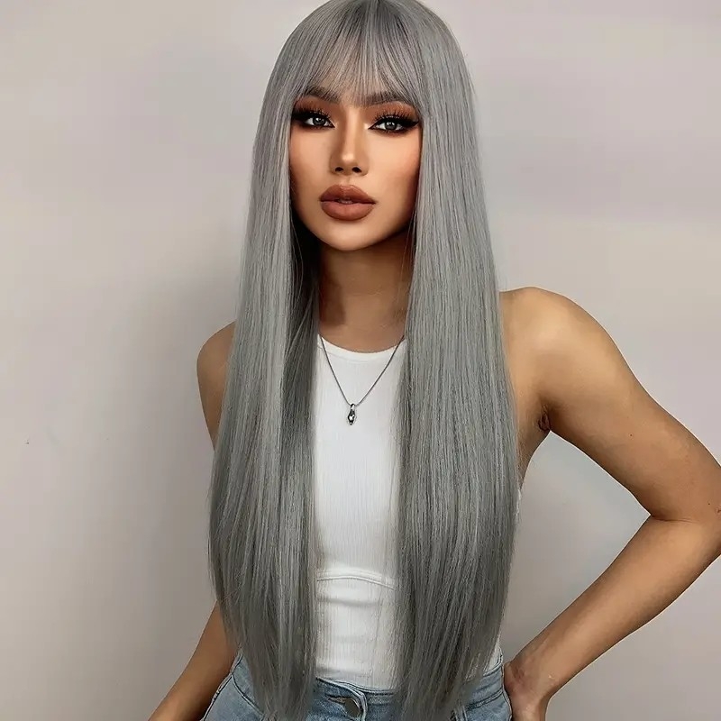 28 inch Long Gray Wig with Bangs,Straight Gray Wigs for Women,Heat Resistant Synthetic wig for Fashion Women