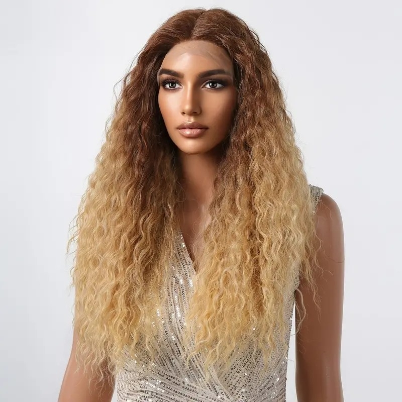 24 Inch Long Curly Wigs Brown Root Ombre Blonde With Lace Front Wigs For Women Daily Party Use