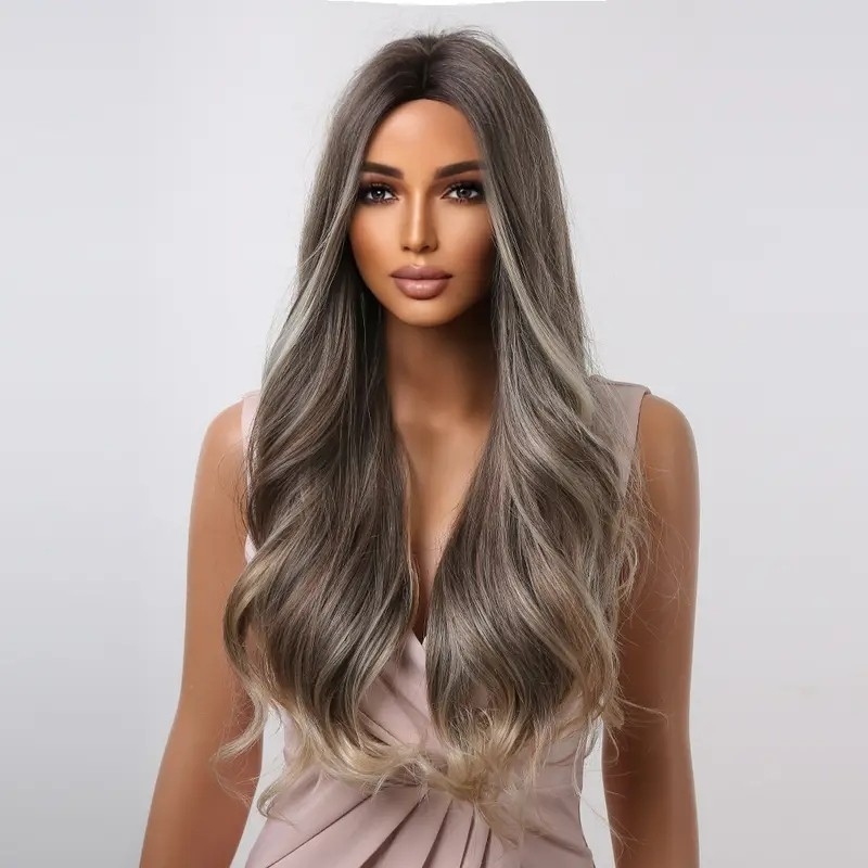 Brown Mixed With Blonde White Wigs For Women Long Wavy Middle Part Wigs Long Natural Looking Synthetic Wig