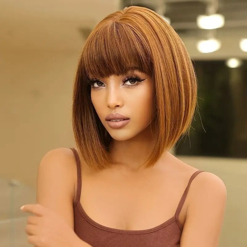 14 Inch Short Brown BOB Wigs For Women With Bangs Shoulder Length Hair Wig For Women