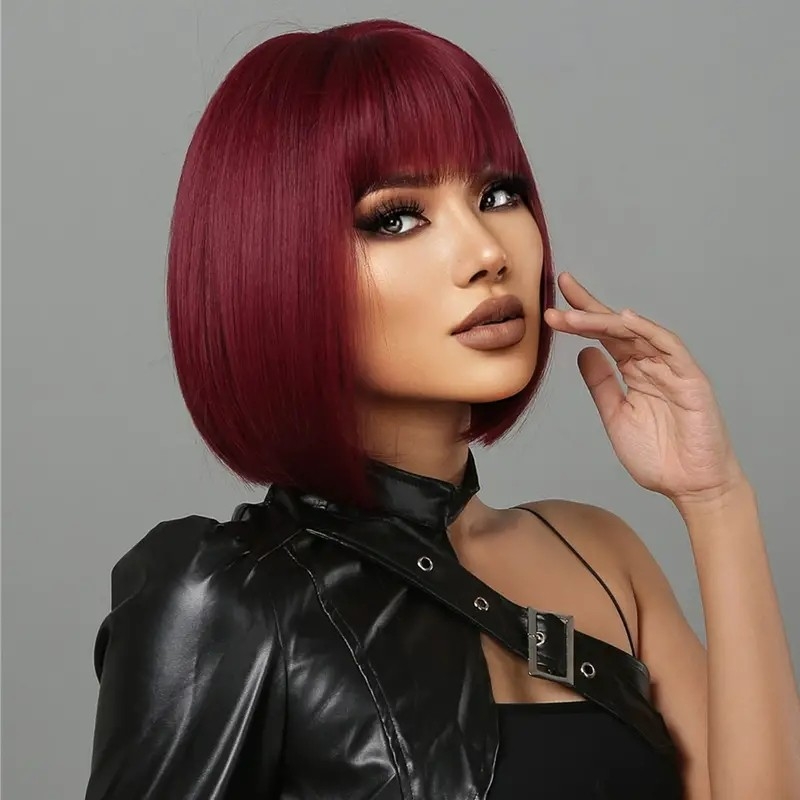 Short Bob Straight Wine Red Synthetic Bangs Wigs For Women Cosplay Party Daily Use High Temperature Fiber