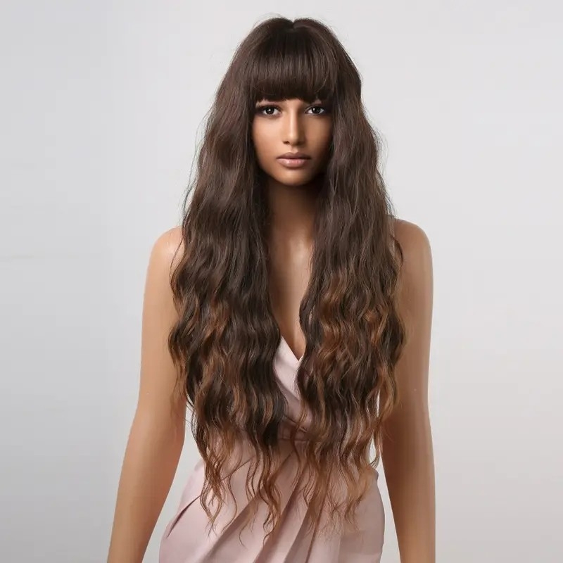 Allbell Long Water Wave Wigs For Women Dark Brown Ombre Wigs With Bangs Synthetic Wig Ideal For Daily Party