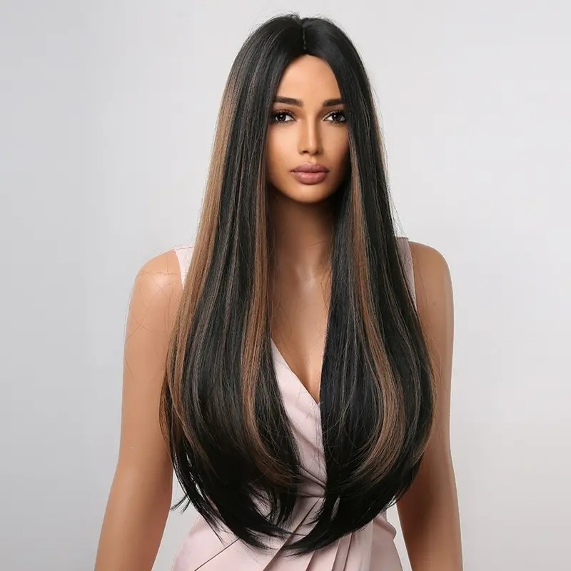 Allbell Black Mixed Brown Synthetic Wig Long Straight Middle Part Wigs For Women