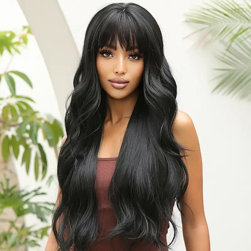 Long Black Wig For Women with Bangs Wavy Curly Synthetic Hair Natural Looking Heat Resistant Fiber For Daily Party Use 28inch