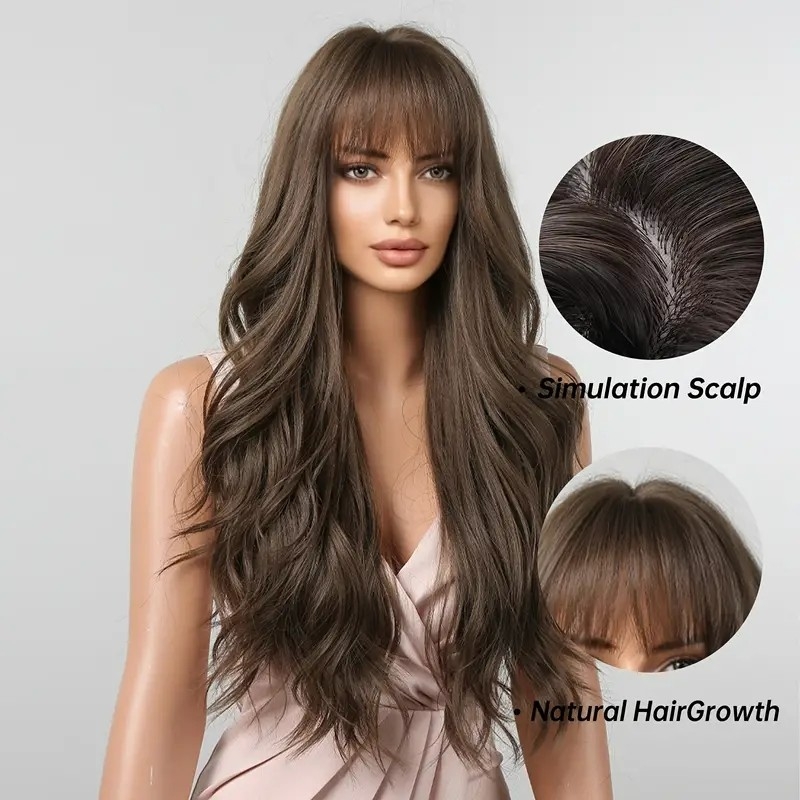 Long Brown Wig With Bangs,Synthetic Wavy Bang Brown Wigs For Women, Women Long Curly Heat Resistant Brown Hair Wig ,Cosplay Wig 26 Inches