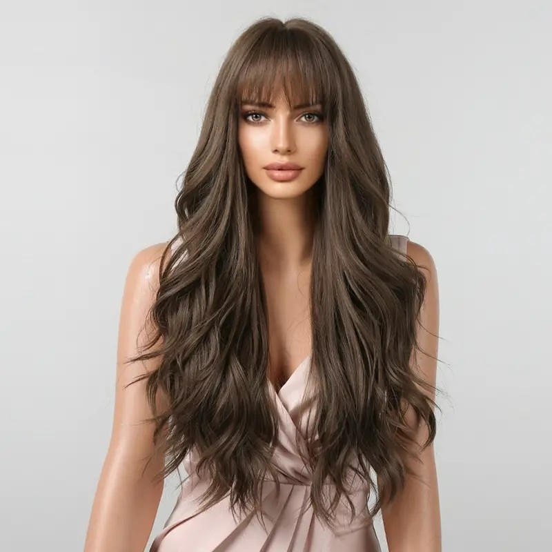 Platinum Ombre Brown Long Middle Part Straight Layered Synthetic Wigs, Heat Resistant Fiber Hair Wigs