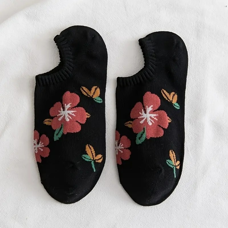 5 Pairs Women Sock Cotton Socks Fashion Flowers Hidden Socks No Show Socks Boat Sock Breathable Low Cut Socks Ankle Sock Invisible Socks Flat Boat Socks