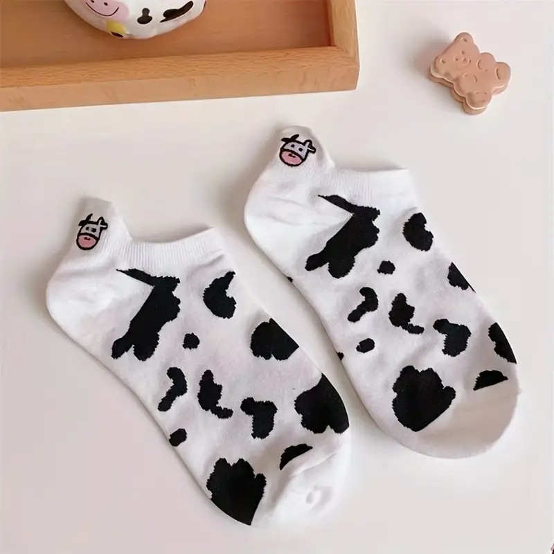 5 Pairs Womens Socks Lovely Cow Pattern Short Socks Creative Printing Socks Ankle Sock