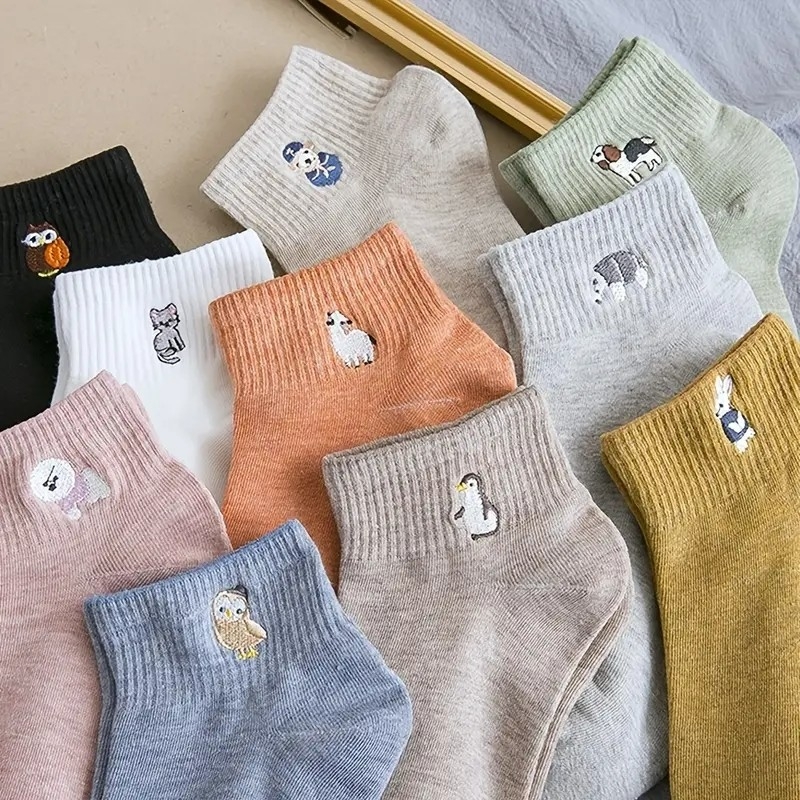 10 Pairs Women Sock Cotton Socks Women's Cute Animal Embroidered Socks Ankle Socks Boat Socks Low Cut Ankle Socks Cotton