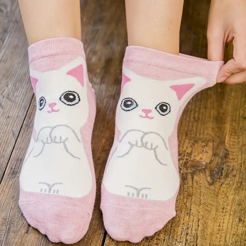 5 Pairs Cartoon Cat Socks, Comfy & Breathable Cute Short Socks, Women's Stockings & Hosiery