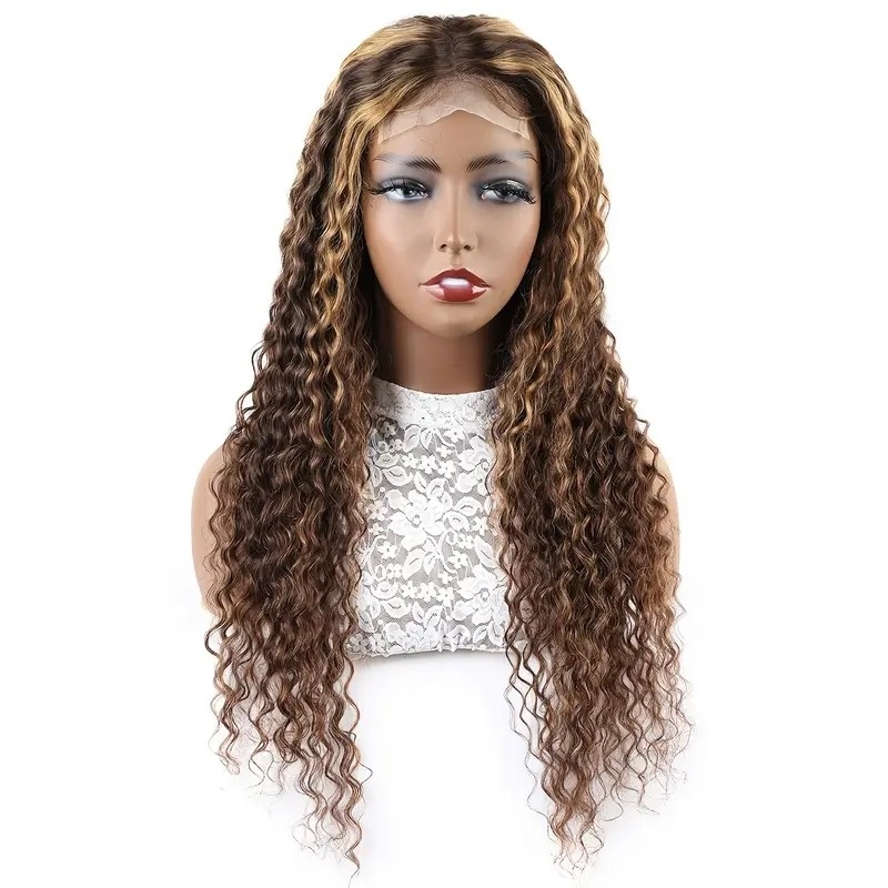 Highlight Wig Human Hair 13X4 Deep Wave Frontal Wig P4/27 Honey Blonde Highlighted Lace Frontal Wigs For Women