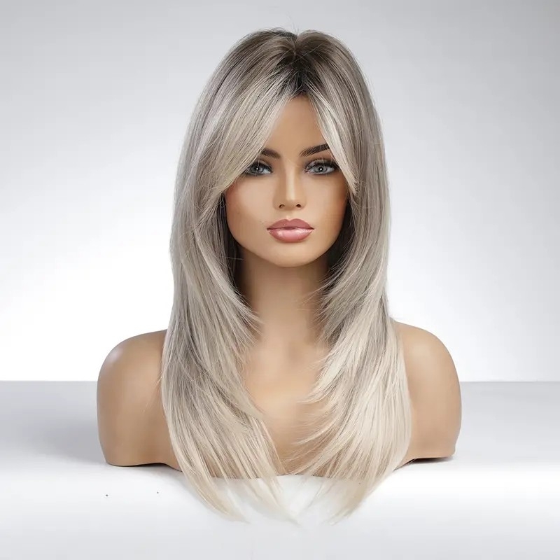 Gorgeous Ombre Grey Blonde Wigs For Women: Heat-Resistant Synthetic Hair With Bangs!