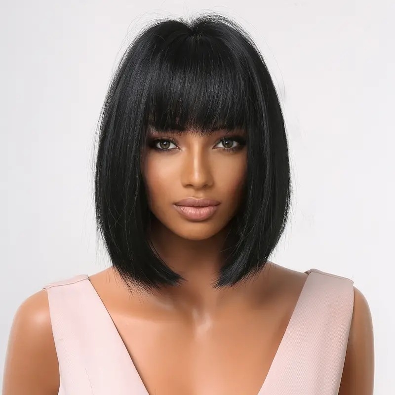 Short Bob Straight Black Wigs For Women Wigs With Bangs Heat Resistant