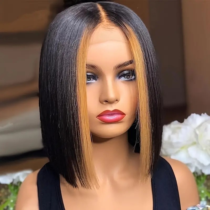 13*4*1 Lace Front Highlight Short Straight Human Hair Wig, Fading To Brown Short Bob Lace Front Wig For Women