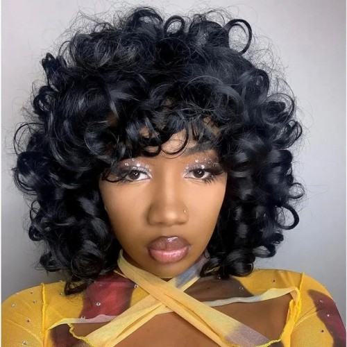 Hair Short Curly Wigs With Bangs Afro Kinky Curly Wig Bouncy Fluffy Synthetic Hair Heat Resistant Wigs Cosplay Party For Women