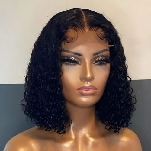 150% Density Short Curly Bob Human Hair Wigs 4x4x1 T Part Lace Closure Wigs Kinky Curly Pre Plucked Remy Brazilian Human Hair Wigs Natural Black Color