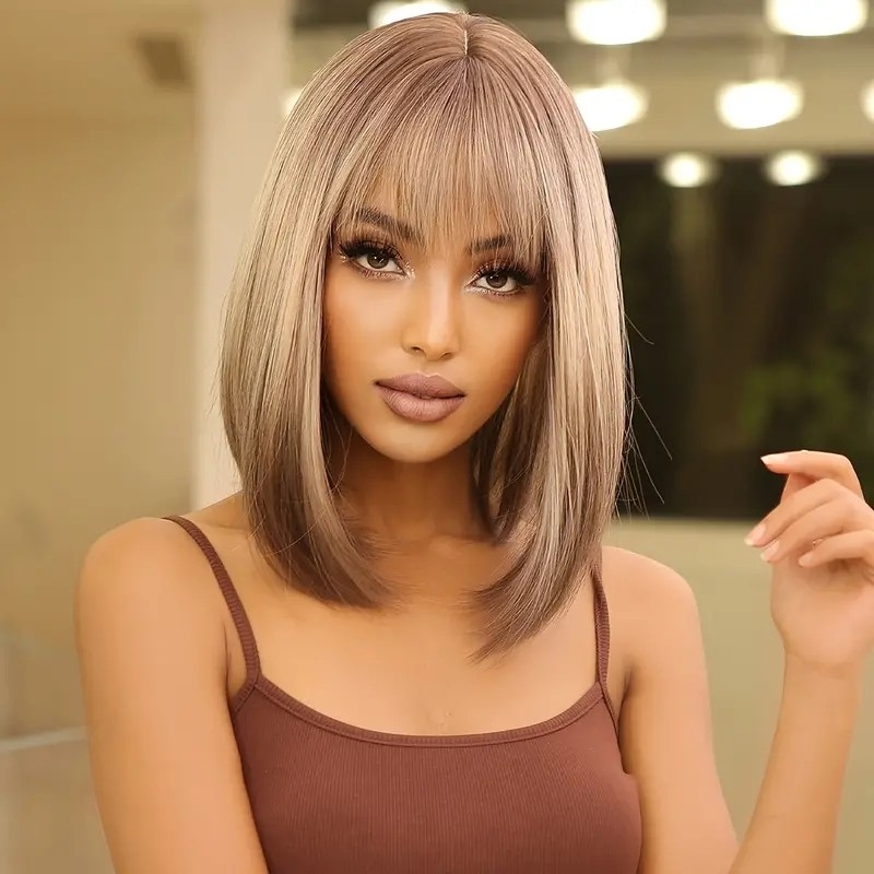 14 Inch Gray Ombre Brown BOB Wigs For Women With Bangs Shoulder Length Hair Wig For Women