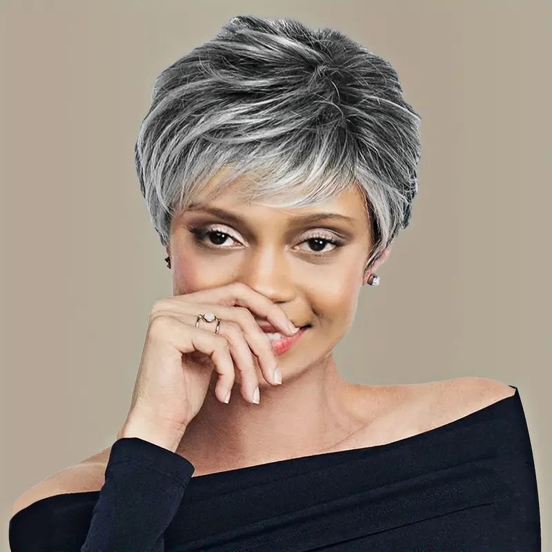 Machine Made Lady Gents Men Quality Wig Short Slight Wave Wavy Silvery Gray