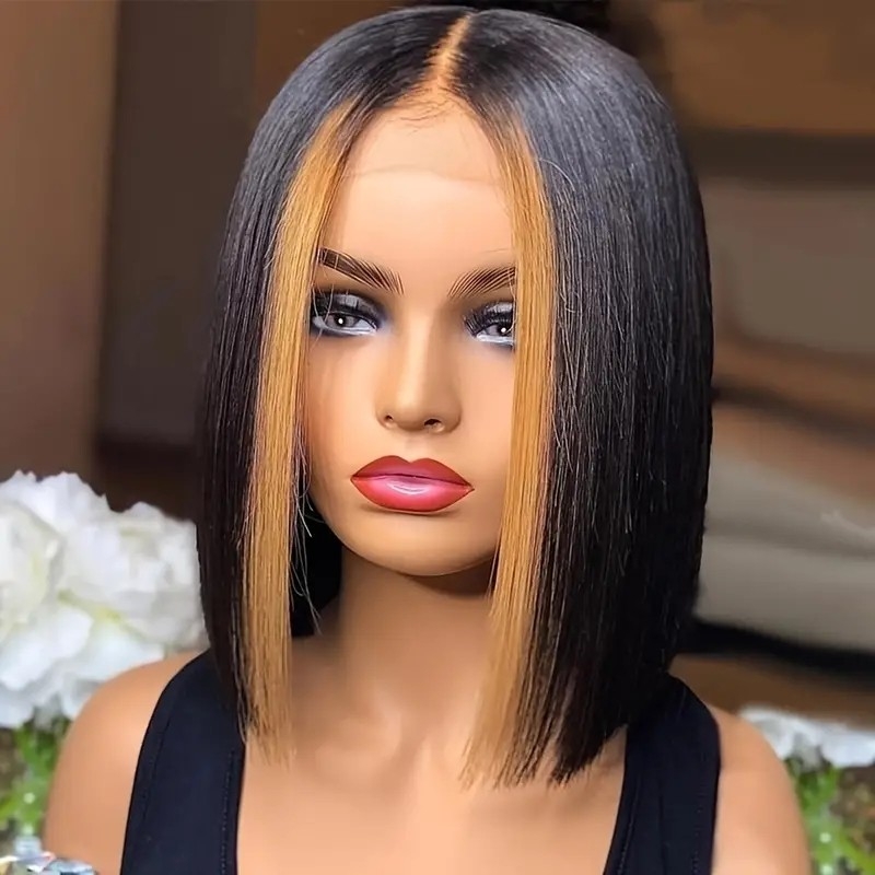 13*4*1 Lace Front Highlight Short Straight Human Hair Wig, Fading To Brown Short Bob Lace Front Wig For Women