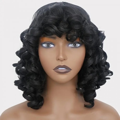 Hair Short Curly Wigs With Bangs Afro Kinky Curly Wig Bouncy Fluffy Synthetic Hair Heat Resistant Wigs Cosplay Party For Women