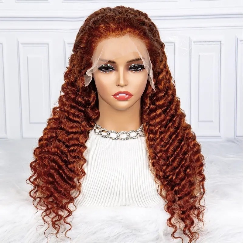 80% 10A High Quality 13*4 Lace Front Wigs For Human Hair Deep Curly Water Wave Wig Pre Plucked Front Bleached Knots With Baby Hair Brazilian Virgin Lace Wig High Density Orange Color 350# 30Inch