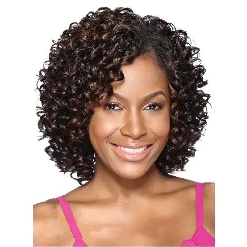 12 Inch Brown Black Mixed Short Curly Hair Wigs Synthetic Fiber Hair Replacement Wigs Heat Resistant Fiber Wigs For Women