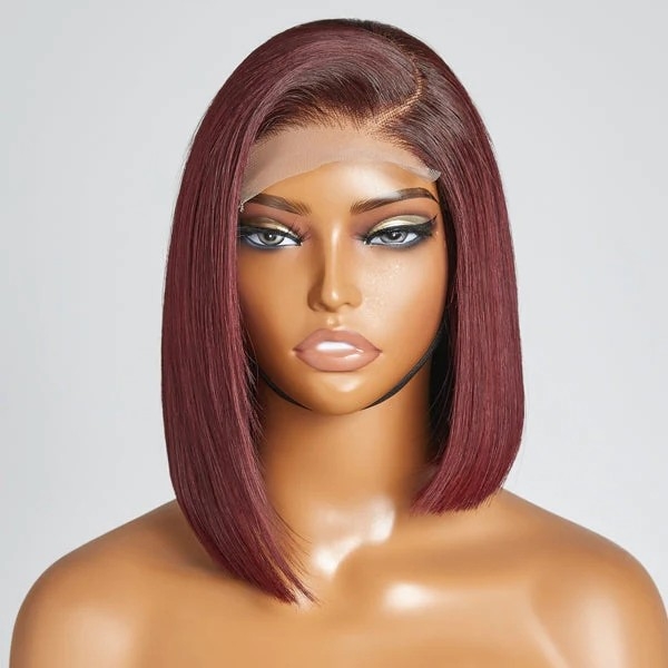 Limited Design | Burgundy Asymmetric Bob 4x4 Closure Lace Glueless Short Wig with Bangs 100% Human Hair