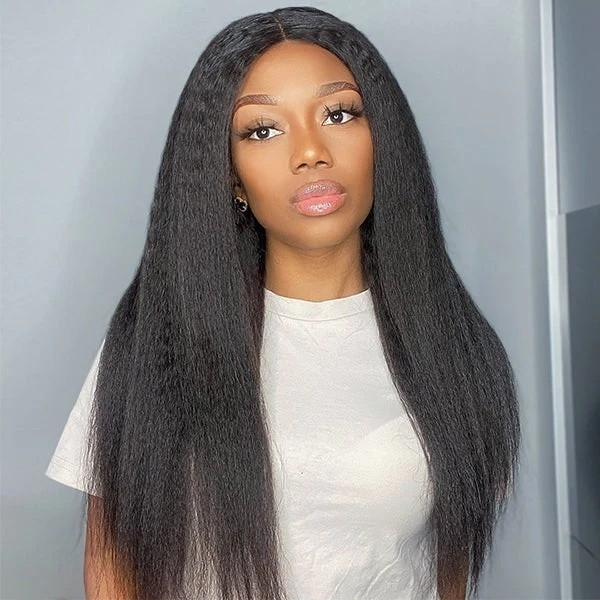 Glueless High Density Kinky Straight 4x4 Closure Lace Long Wig 100% Human Hair