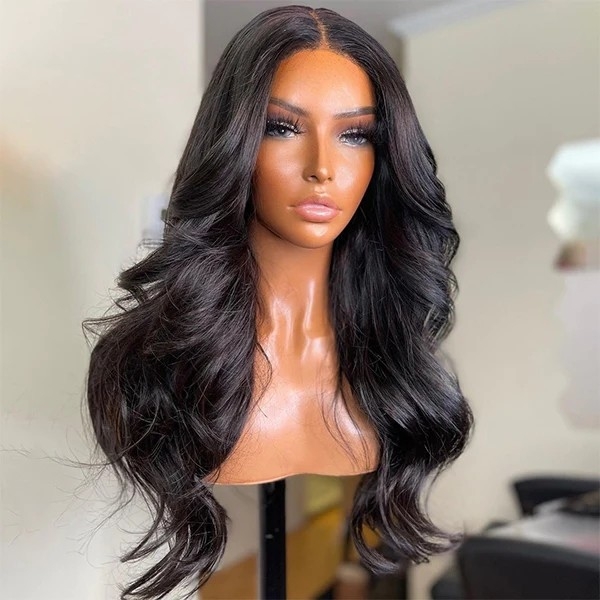 Natural Black Body Wave 4x4 Closure Lace Glueless Long Wig 100% Human Hair