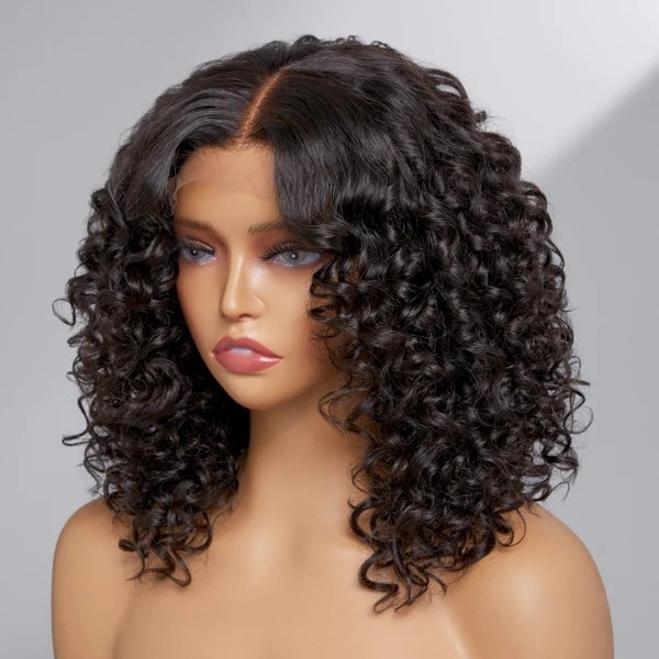 Casual Bouncy Curly 4x4 Closure Lace Glueless Mid Part Short Wig 100% Human Hair