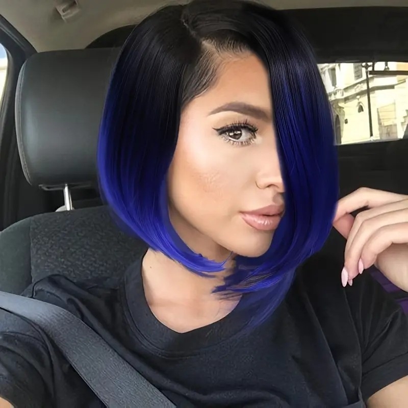 Short Bob Wig Ombre Wig Black To Blue Side Part Cosplay Party Wig 14 Inches Bowl Cut Wig Heat Resistant Fiber Synthetic Wigs For Women Sapphire Blue