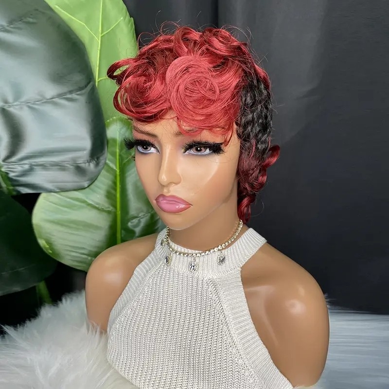 Pixie Cut Wig Synthetic Hair For Women Short Wigs Layered Pixie Haircut Side Bangs Full Machine Made Glueless Natural Wavy Short Wig Bergundy Color