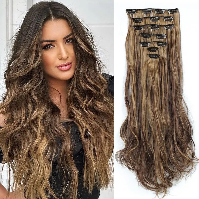 Clip In Hair Extensions 7 PCS Full Head 22 Inch Long Curly Wavy Synthetic Clip Hair Pieces Wavy Hair Pieces For Women Girls