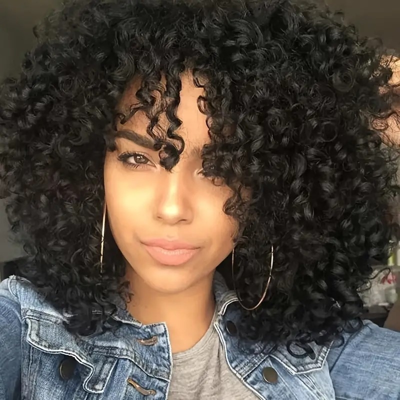 18 Inch Black Color Afro Kinky Curly Wig For Women Natural Looking Synthetic Fiber Curly Wig With Bangs