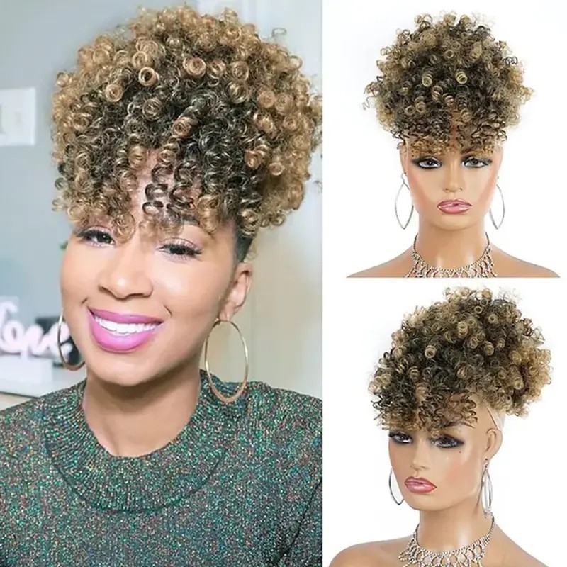 Afro Puff Drawstring Ponytail With Kinky Curly Hair Clip In Bangs Short Ponytail Hair Extensions Updo Hairpieces For Women