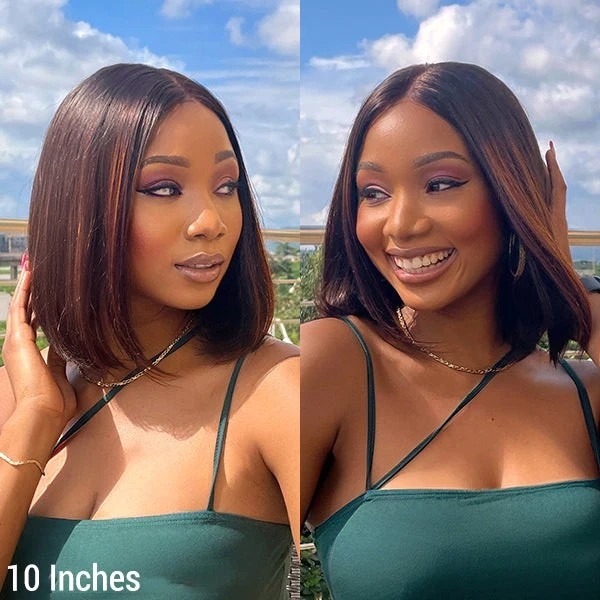 Glueless Chestnut Brown Highlights Straight 4x4 Closure Bob Wig 100% Human Hair#nuiee