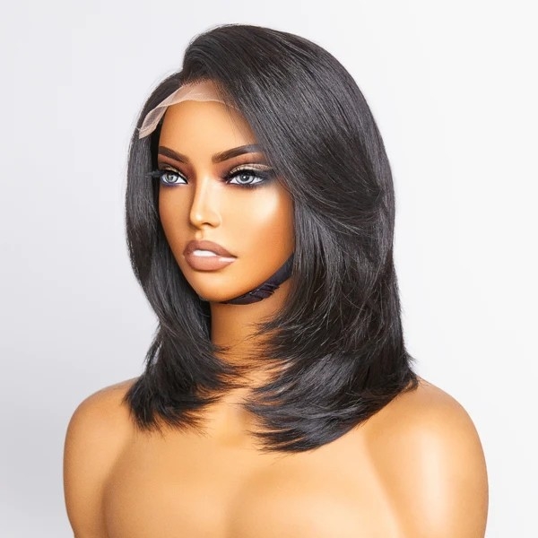 Shaggy Layered Cut Glueless 4x4 Closure Wig With Side-swept Bangs 100% Human Hair#nuiee