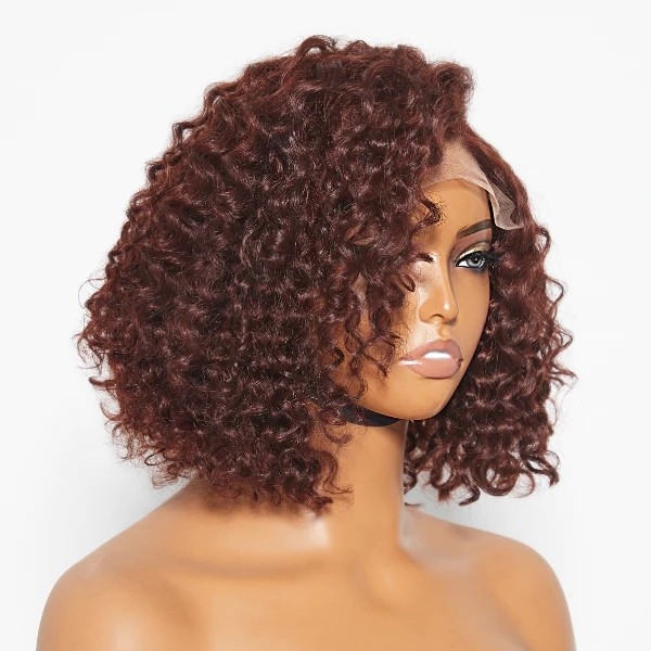 Reddish Brown Water Wave 4x4 Closure Lace Glueless C Part Short Wig 100% Human Hair | Summer Trendy#nuiee