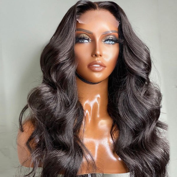 Super Easy Natural Black Body Wave 4x4 Closure Lace Glueless Mid Part Long Wig 100% Human Hair#nuiee